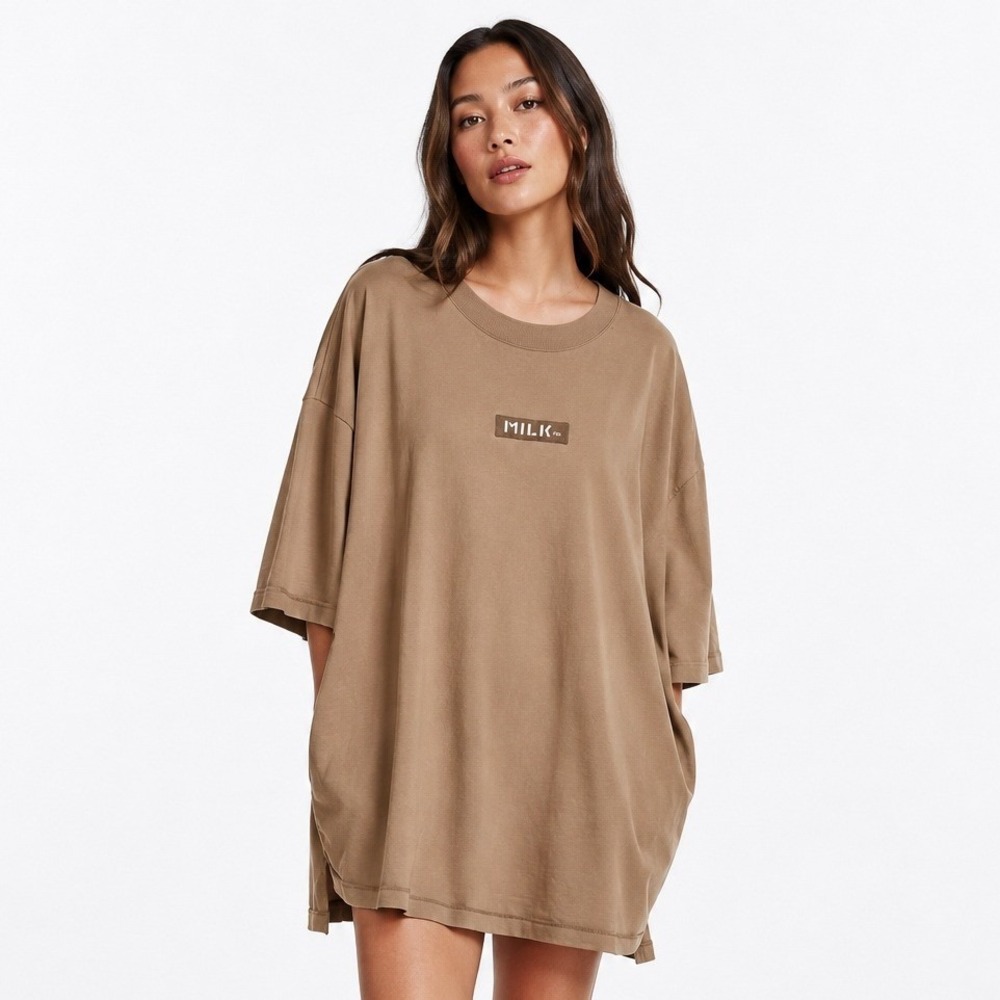 Milkfed Womens Oversized Knit T-Shirt Tan with Pockets Cotton Logo Patch OS